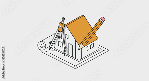 Blueprint house design with pencil and compass, architectural planning concept