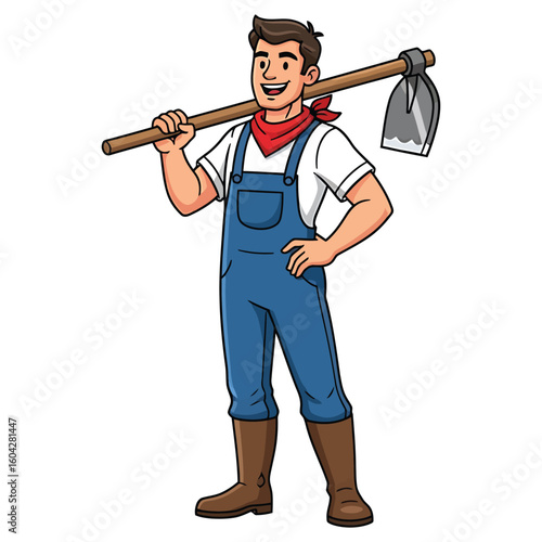 Happy Cartoon Farmer with Hoe on His Shoulder, Ready for Work