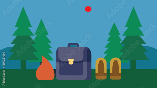 Backpack Boots and Campfire Scene in Forest Vector Illustration