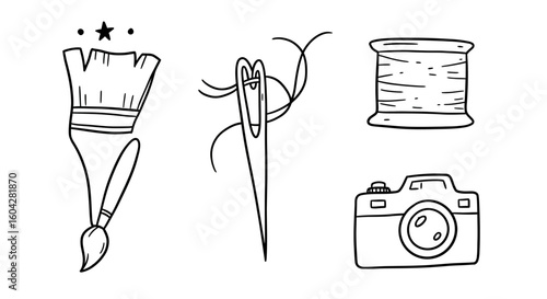 Creative icons: paintbrush, needle thread, spool, camera for crafting and art projects