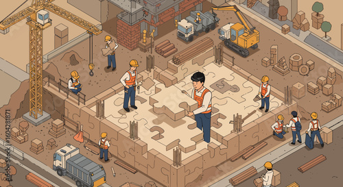 Team of construction workers assembling a building foundation like a puzzle