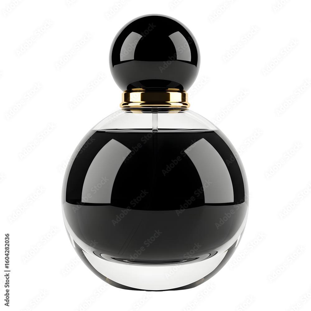 Obraz premium Elegant black perfume bottle with gold accent, exuding luxury and sophistication for modern beauty advertising and lifestyle branding.