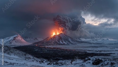 Volcano erupting in snowy landscape
