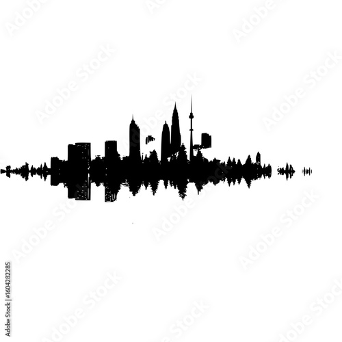 Black silhouette of a city skyline with tall buildings and a reflection on a white background design style