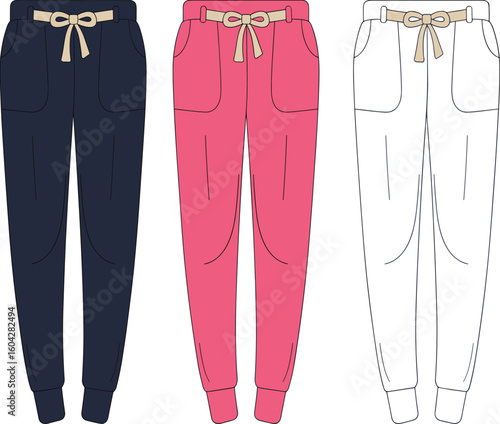 Stylish jogger pants CAD drawing, flat vector illustration, fashion design sketch, trendy casual wear, comfortable clothing, garment technical sketch