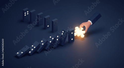 Stopping domino effect with glowing puzzle piece brings stability and solution