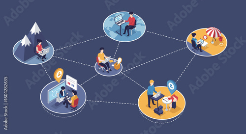 Remote team members working globally connecting in a digital isometric network