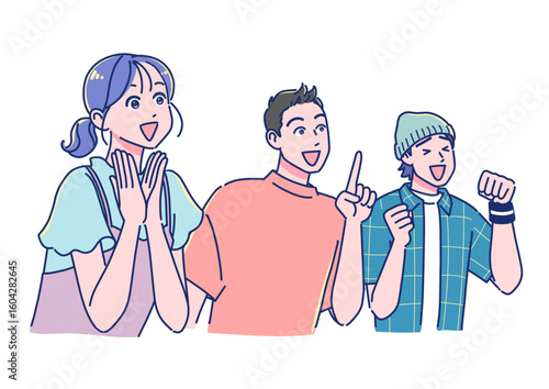 斜め上を見て感激するアニメ調の若い男女