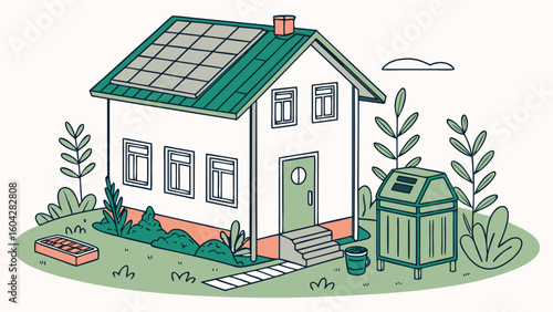 Vector illustration of an eco-friendly home featuring solar panels, rainwater harvesting, green appliances, and sustainable living practices.

