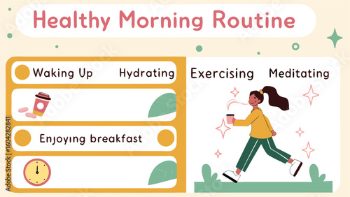 Illustration showing a healthy morning routine including waking up hydrating exercising and meditating in detail