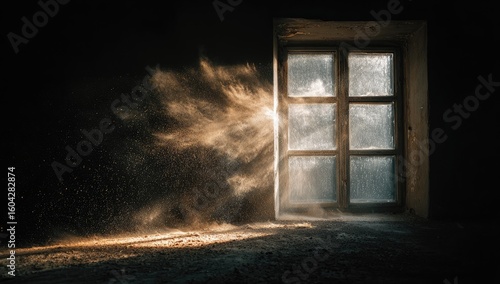 Sunlight streams through dusty window