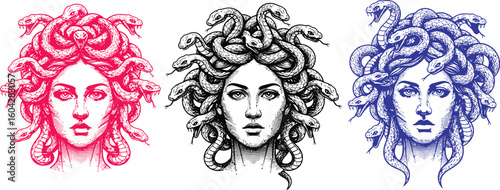 Three medusa portraits with snake hair in black and white sketch style on a white background design art