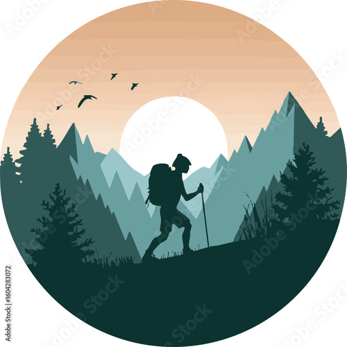 Silhouette of a hiker with a backpack and trekking poles ascending a mountain at sunrise