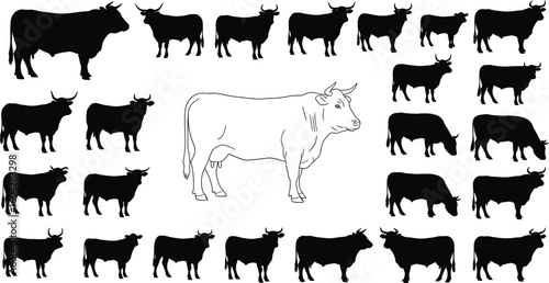 A collection of black cow silhouettes surrounding a white outline drawing of a cow standing sideways