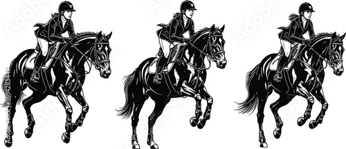 Three monochrome illustrations of a horse and rider jumping in equestrian competition style art