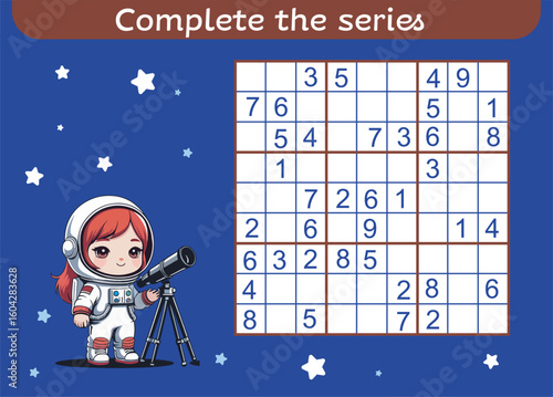 A "Complete the Series" sudoku puzzle for kids, featuring an astronaut girl with a telescope on a starry blue background. Vector template, ideal for educational games.