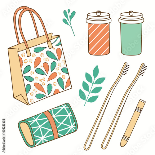 Vector pack promoting a zero waste lifestyle with reusable bags, bamboo toothbrushes, metal straws, and eco-friendly kitchen essentials.

