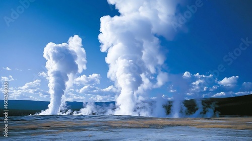 Wallpaper Mural Towering geysers shooting steam into blue sky across a geothermal field no human no labelling no logo Torontodigital.ca