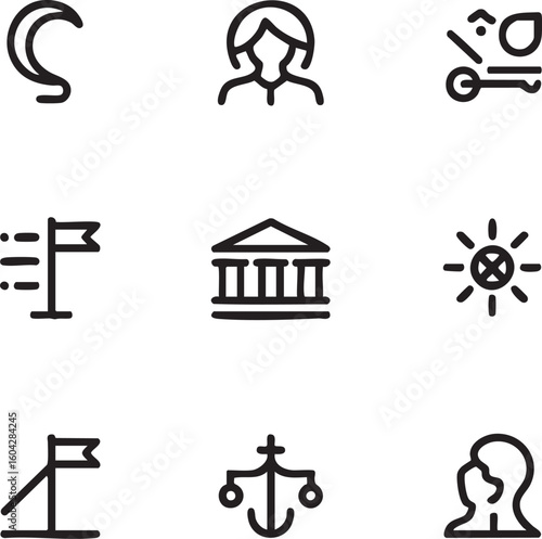Miscellaneous vector icon set hand drawn style,adjustable line weight moon,woman,key,flag,museum,sun,anchor,thinking,goal,leadership,communication icon set