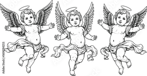 Three cherubic angels depicted in a black and white drawing with wings and halos on a white background