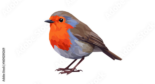 Polygonal illustration of a robin bird with orange breast on white