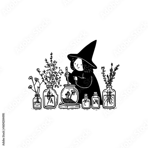 A young witch stirs a potion surrounded by various bottles filled with plants and magical ingredients
