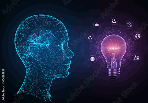 Innovative mind conceives bright idea with global business icons and light bulb