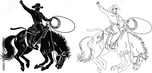 A black and white silhouette of a cowboy riding a horse with a lasso in the air on white background