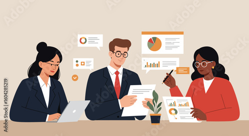 Diverse team collaborates on financial reports and strategy in modern office setting