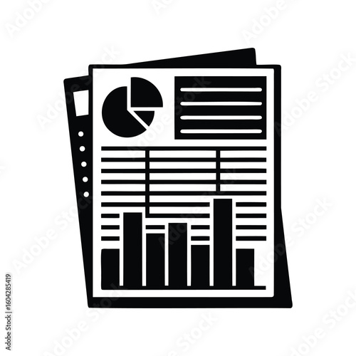 Black and white icon of financial report with bar and pie chart