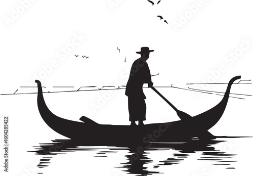Silhouette of a gondolier rowing a traditional venetian gondola on calm water with birds flying above