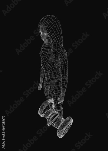 A determined man rides a 3D wireframe scooter on a black background, wearing a hoodie with focused expression. The futuristic Segway-style vehicle highlights motion and technology.
