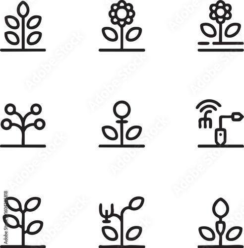 Plant growth vector icon set outline style,thin line seedling,sprout,plant,flower,automation,agriculture,biotechnology,leaf,ecosystem,botanical icon set