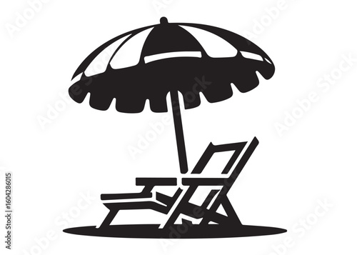 beach chair under umbrella logo silhouette vector, beach chair under sun with umbrella logo, tropical beach sunset scene palm trees beach chair and umbrella logo vector silhouette on white background