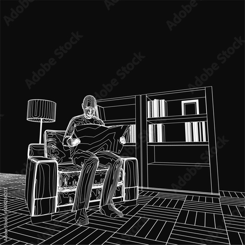 A man sits in a chair reading a book, his contour softly illuminated by a warm lamp. A wooden cupboard filled with books stands nearby in the dimly lit room. The floor adds depth to the quiet.
