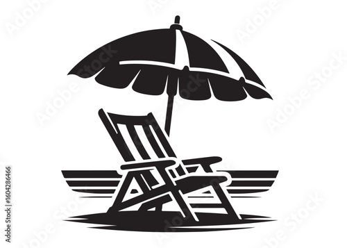 beach chair under umbrella logo silhouette vector, beach chair under sun with umbrella logo, tropical beach sunset scene palm trees beach chair and umbrella logo vector silhouette on white background