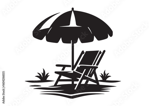 beach chair under umbrella logo silhouette vector, beach chair under sun with umbrella logo, tropical beach sunset scene palm trees beach chair and umbrella logo vector silhouette on white background