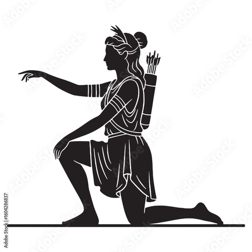 Defined Artemis digital black image, characterized by sharp, distinct lines – Artemis silhouette – Artemis Vector – Silhouette of Artemis – Greek goddess vector

