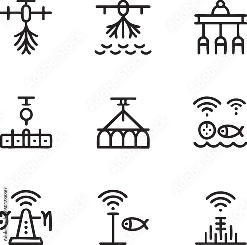 Smart aquaculture vector icon set editable stroke fish farming,water monitoring,automated feeding,drone technology,aquaculture technology,sensor systems,wireless transmission,farming equipment