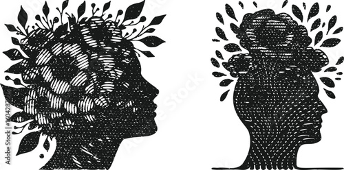  Monochrome engraving vector bundle of surreal flowers growing from human head with lined art effect