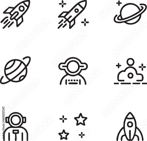 Space exploration vector icon set outline style rocket,astronaut,planet,stars,galaxy,spacecraft,cosmology,science,astronomy,exploration icon set