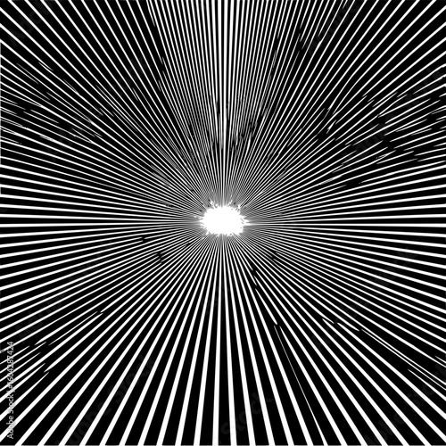 A black and white optical illusion with radiating lines converging to a central bright focal point area