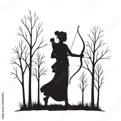 Archer Artemis black vector graphic, reflecting her precision and skill with a bow – Artemis silhouette – Artemis Vector – Silhouette of Artemis – Greek goddess silhouette

