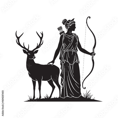 Hunter Artemis digital black vector artwork, ideal for portraying the goddess of the hunt's focused pursuit – Artemis silhouette – Artemis Vector – Silhouette of Artemis – Greek goddess silhouette

