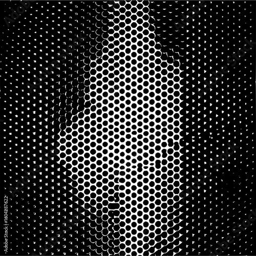 Abstract halftone pattern featuring a central shape with varying dot densities in black and white tone