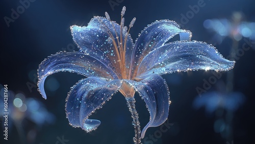 Glowing, translucent lily with water droplets