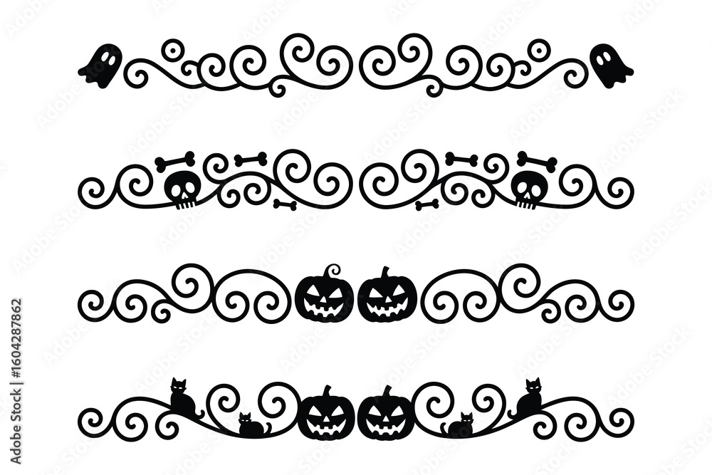 Obraz premium Set of four decorative Halloween-themed ornamental dividers with ornate borders with ghosts, skulls, and pumpkins, with spooky motifs swirls
