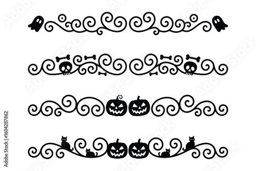 
Set of four decorative Halloween-themed ornamental dividers with ornate borders with ghosts, skulls, and pumpkins, with spooky motifs swirls 

