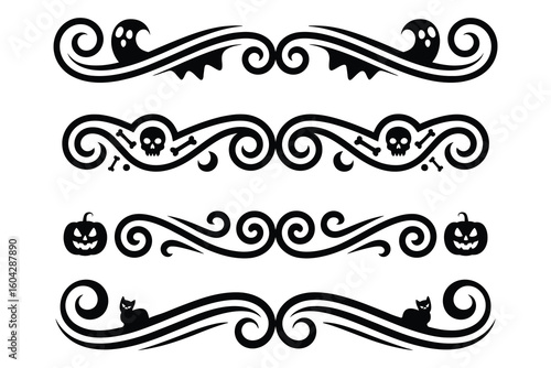 
Set of four decorative Halloween-themed ornamental dividers with ornate borders with ghosts, skulls, and pumpkins, with spooky motifs swirls 

