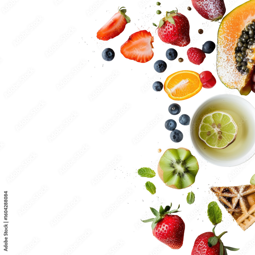 Naklejka premium Colorful fruit and waffle arrangement